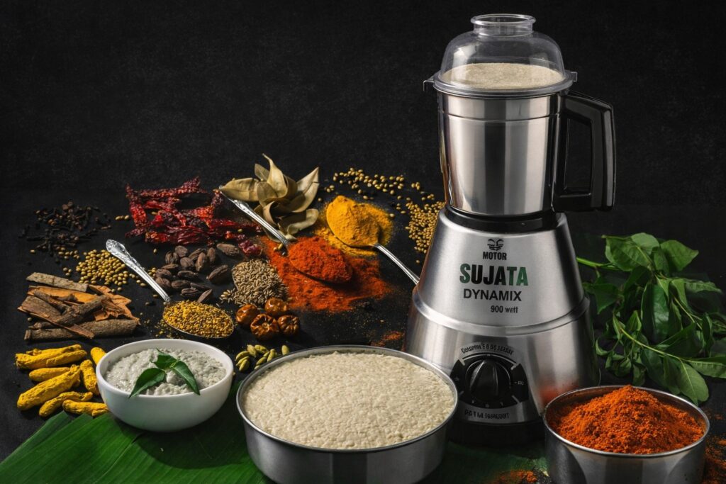 Mixer grinder with dosa batter, coconut chutney and ground spices commonly prepared in Indian kitchens